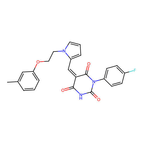 (5Z)-1-(4-fluorophenyl)-5-[[1-[2-(3-methylphenoxy)ethyl]pyrrol-2-yl]methylidene]-1,3-diazinane-2,4,6-trione structure