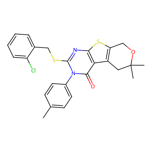 2-((2-chlorobenzyl)thio)-6,6-dimethyl-3-(p-tolyl)-5,6-dihydro-3H-pyrano[4',3':4,5]thieno[2,3-d]pyrimidin-4(8H)-one structure