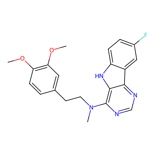 N-[2-(3,4-dimethoxyphenyl)ethyl]-8-fluoro-N-methyl-5H-pyrimido[5,4-b]indol-4-amine structure