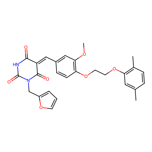 (5Z)-5-[[4-[2-(2,5-dimethylphenoxy)ethoxy]-3-methoxyphenyl]methylidene]-1-(furan-2-ylmethyl)-1,3-diazinane-2,4,6-trione structure