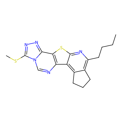 10-butyl-3-(methylthio)-8,9-dihydro-7H-cyclopenta[4',5']pyrido[3',2':4,5]thieno[2,3-e][1,2,4]triazolo[4,3-c]pyrimidine structure