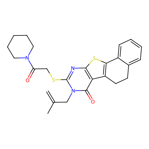 8-(2-methylallyl)-9-((2-oxo-2-(piperidin-1-yl)ethyl)thio)-5,6-dihydronaphtho[2',1':4,5]thieno[2,3-d]pyrimidin-7(8H)-one structure