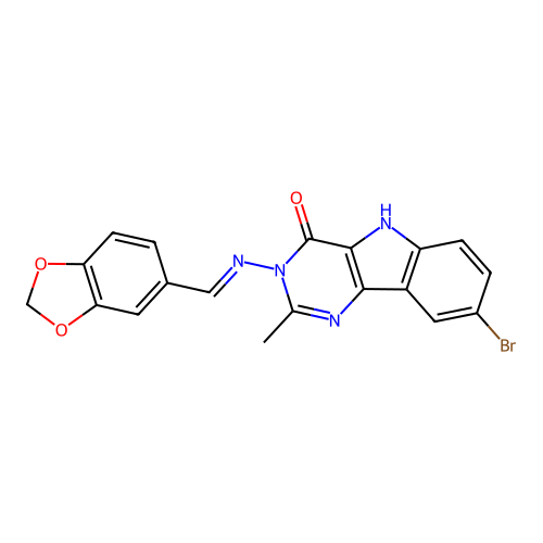 (E)-3-((benzo[d][1,3]dioxol-5-ylmethylene)amino)-8-bromo-2-methyl-3H-pyrimido[5,4-b]indol-4(5H)-one structure