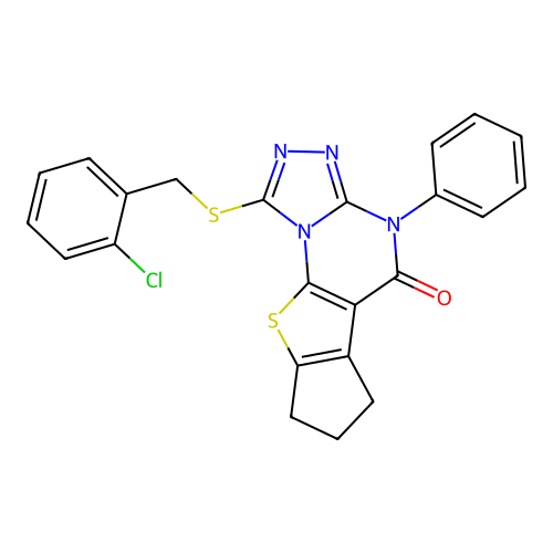 1-((2-chlorobenzyl)thio)-4-phenyl-7,8-dihydro-4H-cyclopenta[4,5]thieno[3,2-e][1,2,4]triazolo[4,3-a]pyrimidin-5(6H)-one structure