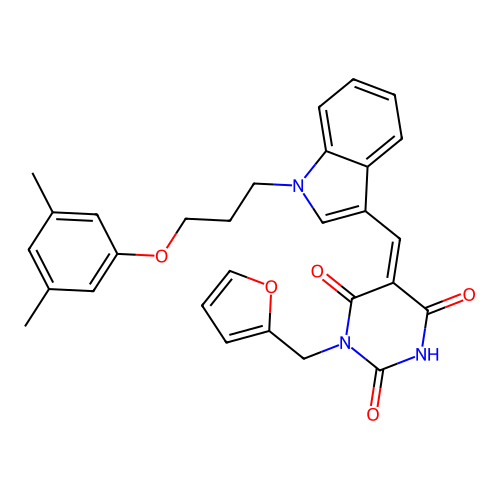 (Z)-5-((1-(3-(3,5-dimethylphenoxy)propyl)-1H-indol-3-yl)methylene)-1-(furan-2-ylmethyl)pyrimidine-2,4,6(1H,3H,5H)-trione structure