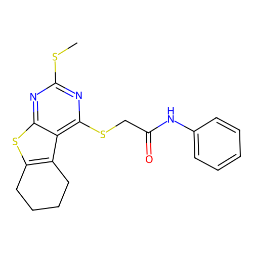 2-((2-(methylthio)-5,6,7,8-tetrahydrobenzo[4,5]thieno[2,3-d]pyrimidin-4-yl)thio)-N-phenylacetamide structure