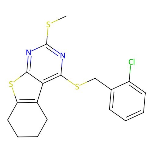 4-((2-chlorobenzyl)thio)-2-(methylthio)-5,6,7,8-tetrahydrobenzo[4,5]thieno[2,3-d]pyrimidine structure
