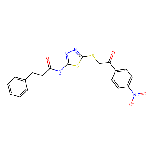 N-(5-((2-(4-nitrophenyl)-2-oxoethyl)thio)-1,3,4-thiadiazol-2-yl)-3-phenylpropanamide structure