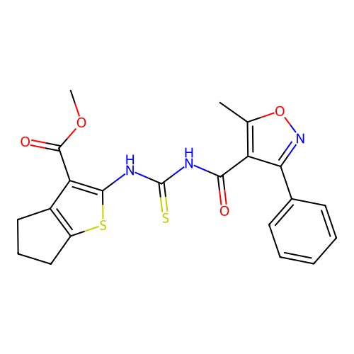 methyl 2-({[(5-methyl-3-phenyl-1,2-oxazol-4-yl)carbonyl]carbamothioyl}amino)-5,6-dihydro-4H-cyclopenta[b]thiophene-3-carboxylate structure