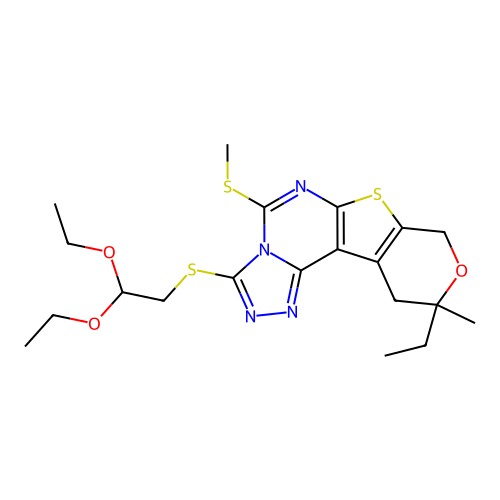 3-((2,2-diethoxyethyl)thio)-10-ethyl-10-methyl-5-(methylthio)-10,11-dihydro-8H-pyrano[4',3':4,5]thieno[3,2-e][1,2,4]triazolo[4,3-c]pyrimidine structure