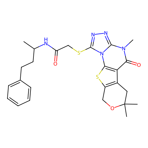 N-(4-phenylbutan-2-yl)-2-((4,7,7-trimethyl-5-oxo-5,6,7,9-tetrahydro-4H-pyrano[4',3':4,5]thieno[3,2-e][1,2,4]triazolo[4,3-a]pyrimidin-1-yl)thio)acetamide structure