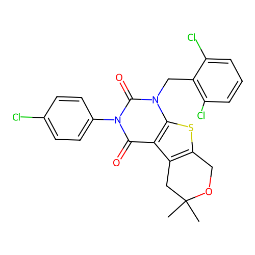 3-(4-chlorophenyl)-1-(2,6-dichlorobenzyl)-6,6-dimethyl-5,6-dihydro-1H-pyrano[4',3':4,5]thieno[2,3-d]pyrimidine-2,4(3H,8H)-dione structure