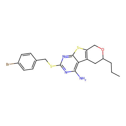 2-((4-bromobenzyl)thio)-6-propyl-6,8-dihydro-5H-pyrano[4',3':4,5]thieno[2,3-d]pyrimidin-4-amine structure