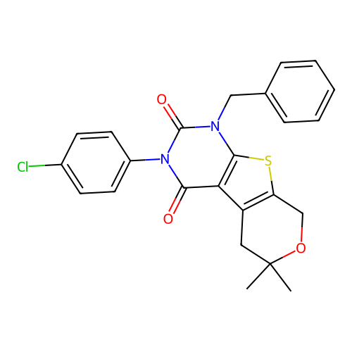 1-benzyl-3-(4-chlorophenyl)-6,6-dimethyl-5,6-dihydro-1H-pyrano[4',3':4,5]thieno[2,3-d]pyrimidine-2,4(3H,8H)-dione structure