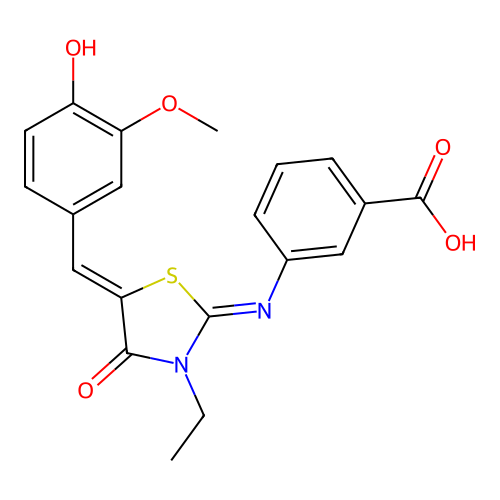3-((E)-((Z)-3-ethyl-5-(4-hydroxy-3-methoxybenzylidene)-4-oxothiazolidin-2-ylidene)amino)benzoic acid structure
