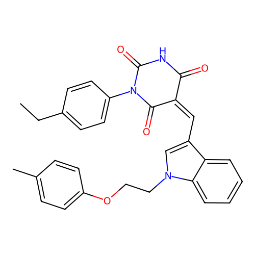 (5Z)-1-(4-ethylphenyl)-5-({1-[2-(4-methylphenoxy)ethyl]-1H-indol-3-yl}methylidene)pyrimidine-2,4,6(1H,3H,5H)-trione structure