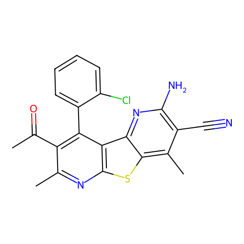 8-acetyl-2-amino-9-(2-chlorophenyl)-4,7-dimethylthieno[2,3-b:4,5-b']dipyridine-3-carbonitrile structure