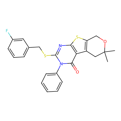 2-((3-fluorobenzyl)thio)-6,6-dimethyl-3-phenyl-5,6-dihydro-3H-pyrano[4',3':4,5]thieno[2,3-d]pyrimidin-4(8H)-one structure
