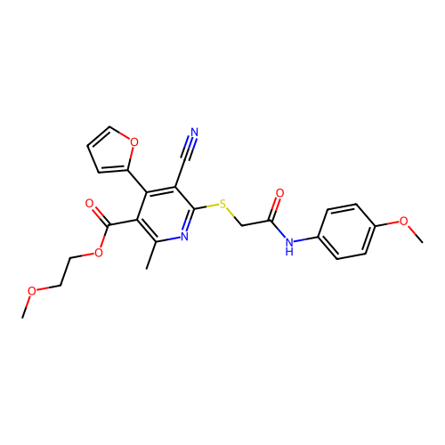 2-methoxyethyl 5-cyano-4-(furan-2-yl)-6-((2-((4-methoxyphenyl)amino)-2-oxoethyl)thio)-2-methylnicotinate structure