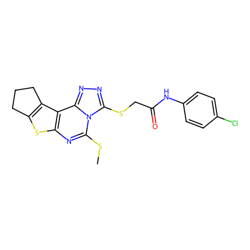 N-(4-chlorophenyl)-2-((5-(methylthio)-9,10-dihydro-8H-cyclopenta[4,5]thieno[3,2-e][1,2,4]triazolo[4,3-c]pyrimidin-3-yl)thio)acetamide structure
