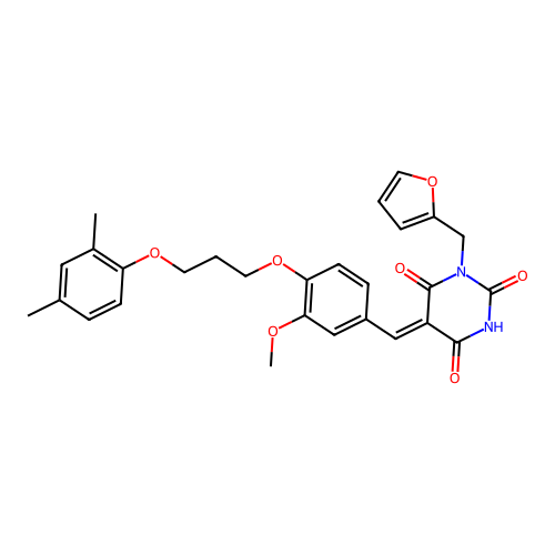 (5Z)-5-[[4-[3-(2,4-dimethylphenoxy)propoxy]-3-methoxyphenyl]methylidene]-1-(furan-2-ylmethyl)-1,3-diazinane-2,4,6-trione structure