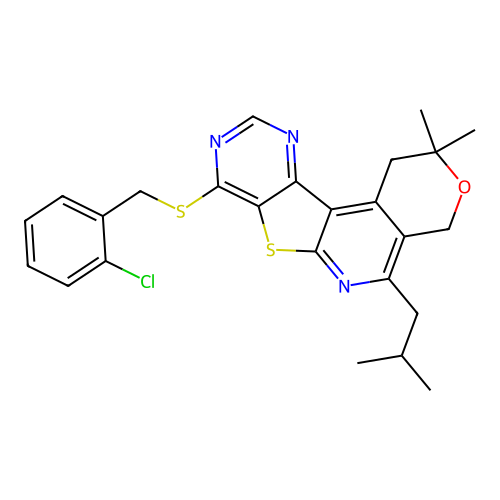 2-CHLOROBENZYL (5-ISOBUTYL-2,2-DIMETHYL-1,4-DIHYDRO-2H-PYRANO[4'',3'':4',5']PYRIDO[3',2':4,5]THIENO[3,2-D]PYRIMIDIN-8-YL) SULFIDE structure