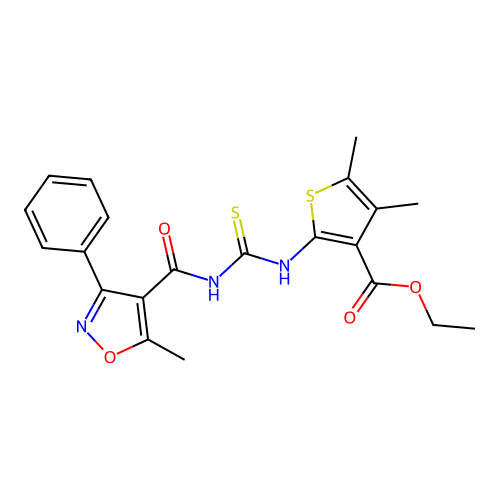 ethyl 4,5-dimethyl-2-({[(5-methyl-3-phenyl-1,2-oxazol-4-yl)carbonyl]carbamothioyl}amino)thiophene-3-carboxylate structure