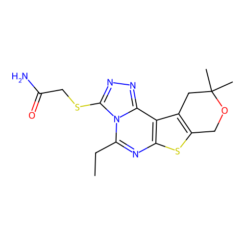 2-((5-ethyl-10,10-dimethyl-10,11-dihydro-8H-pyrano[4',3':4,5]thieno[3,2-e][1,2,4]triazolo[4,3-c]pyrimidin-3-yl)thio)acetamide structure