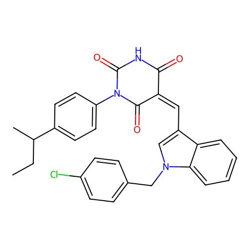 (5Z)-1-(4-butan-2-ylphenyl)-5-[[1-[(4-chlorophenyl)methyl]indol-3-yl]methylidene]-1,3-diazinane-2,4,6-trione structure
