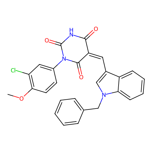(5Z)-5-[(1-benzyl-1H-indol-3-yl)methylidene]-1-(3-chloro-4-methoxyphenyl)pyrimidine-2,4,6(1H,3H,5H)-trione structure