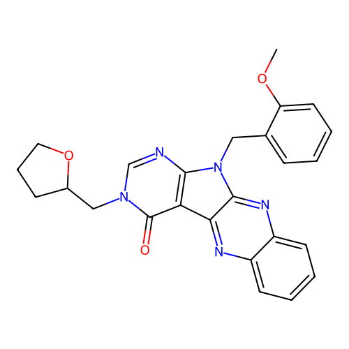 11-(2-methoxybenzyl)-3-((tetrahydrofuran-2-yl)methyl)-3H-pyrimido[5',4':4,5]pyrrolo[2,3-b]quinoxalin-4(11H)-one structure
