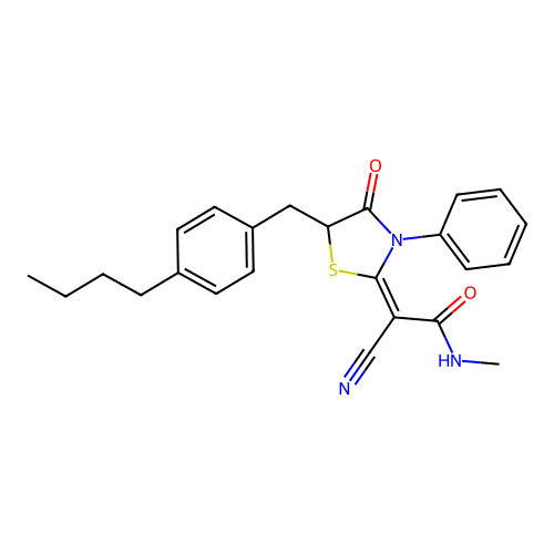 (E)-2-(5-(4-butylbenzyl)-4-oxo-3-phenylthiazolidin-2-ylidene)-2-cyano-N-methylacetamide structure
