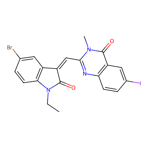 (Z)-2-((5-bromo-1-ethyl-2-oxoindolin-3-ylidene)methyl)-6-iodo-3-methylquinazolin-4(3H)-one structure