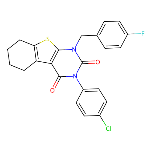 3-(4-chlorophenyl)-1-(4-fluorobenzyl)-5,6,7,8-tetrahydrobenzo[4,5]thieno[2,3-d]pyrimidine-2,4(1H,3H)-dione structure