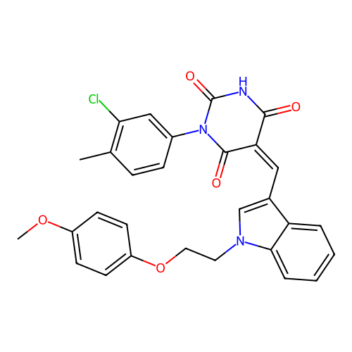 (5Z)-1-(3-chloro-4-methylphenyl)-5-({1-[2-(4-methoxyphenoxy)ethyl]-1H-indol-3-yl}methylidene)pyrimidine-2,4,6(1H,3H,5H)-trione structure