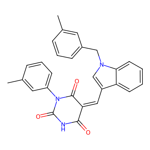 (5Z)-1-(3-methylphenyl)-5-[[1-[(3-methylphenyl)methyl]indol-3-yl]methylidene]-1,3-diazinane-2,4,6-trione structure