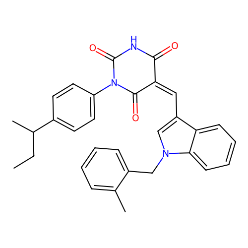 (Z)-1-(4-(sec-butyl)phenyl)-5-((1-(2-methylbenzyl)-1H-indol-3-yl)methylene)pyrimidine-2,4,6(1H,3H,5H)-trione structure