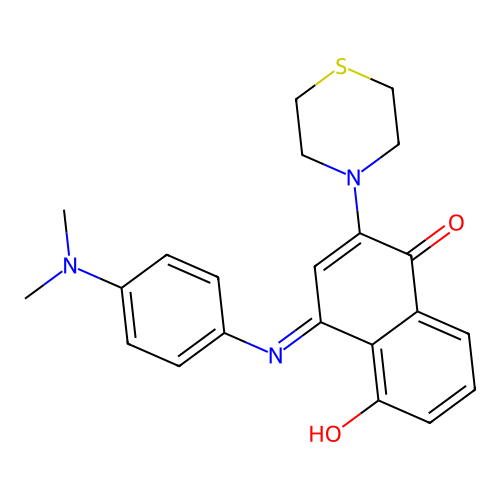 (E)-4-((4-(dimethylamino)phenyl)imino)-5-hydroxy-2-thiomorpholinonaphthalen-1(4H)-one structure