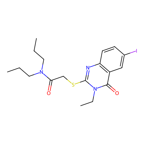 2-((3-ethyl-6-iodo-4-oxo-3,4-dihydroquinazolin-2-yl)thio)-N,N-dipropylacetamide structure