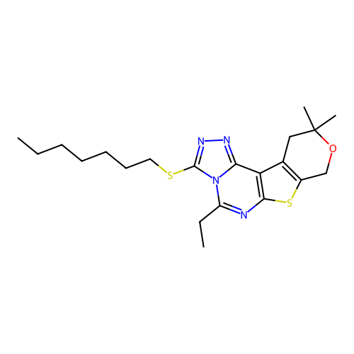 5-ethyl-3-(heptylsulfanyl)-10,10-dimethyl-10,11-dihydro-8H-pyrano[4',3':4,5]thieno[3,2-e][1,2,4]triazolo[4,3-c]pyrimidine structure