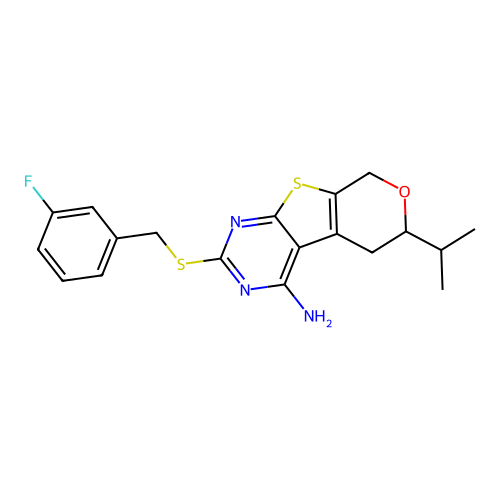 2-((3-fluorobenzyl)thio)-6-isopropyl-6,8-dihydro-5H-pyrano[4',3':4,5]thieno[2,3-d]pyrimidin-4-amine structure