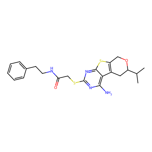 2-{[4-amino-6-(propan-2-yl)-5,8-dihydro-6H-pyrano[4',3':4,5]thieno[2,3-d]pyrimidin-2-yl]sulfanyl}-N-(2-phenylethyl)acetamide structure
