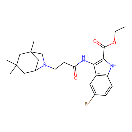 ethyl 5-bromo-3-(3-((1R,5S)-1,3,3-trimethyl-6-azabicyclo[3.2.1]octan-6-yl)propanamido)-1H-indole-2-carboxylate structure