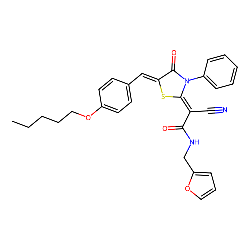 (Z)-2-cyano-N-(furan-2-ylmethyl)-2-((Z)-4-oxo-5-(4-(pentyloxy)benzylidene)-3-phenylthiazolidin-2-ylidene)acetamide structure