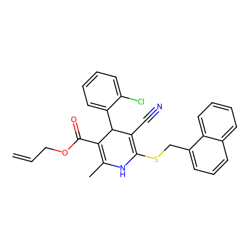 allyl 4-(2-chlorophenyl)-5-cyano-2-methyl-6-((naphthalen-1-ylmethyl)thio)-1,4-dihydropyridine-3-carboxylate structure