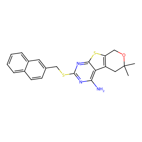 6,6-dimethyl-2-((naphthalen-2-ylmethyl)thio)-6,8-dihydro-5H-pyrano[4',3':4,5]thieno[2,3-d]pyrimidin-4-amine structure