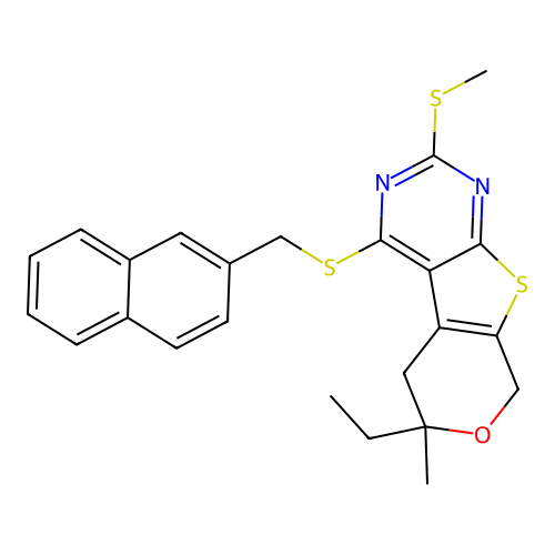 6-ethyl-6-methyl-2-(methylsulfanyl)-4-[(naphthalen-2-ylmethyl)sulfanyl]-5,8-dihydro-6H-pyrano[4',3':4,5]thieno[2,3-d]pyrimidine structure