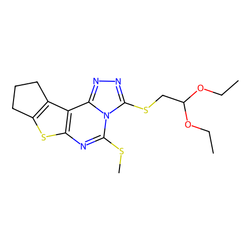 3-((2,2-diethoxyethyl)thio)-5-(methylthio)-9,10-dihydro-8H-cyclopenta[4,5]thieno[3,2-e][1,2,4]triazolo[4,3-c]pyrimidine structure