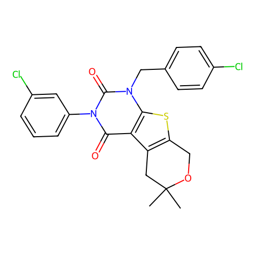 1-(4-chlorobenzyl)-3-(3-chlorophenyl)-6,6-dimethyl-1,5,6,8-tetrahydro-2H-pyrano[4',3':4,5]thieno[2,3-d]pyrimidine-2,4(3H)-dione structure