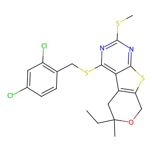 4-((2,4-dichlorobenzyl)thio)-6-ethyl-6-methyl-2-(methylthio)-6,8-dihydro-5H-pyrano[4',3':4,5]thieno[2,3-d]pyrimidine structure